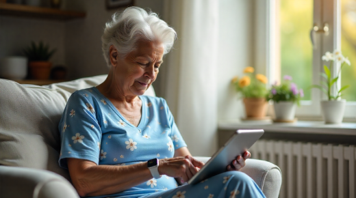 Paciente idosa no conforto de casa fazendo uma consulta médica online
