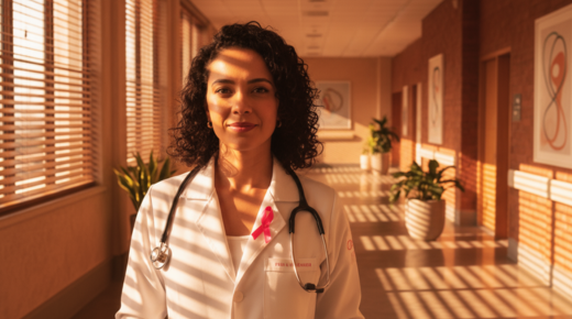médica mulher com um laço do outubro rosa no jaleco, representando cuidado e acolhimento