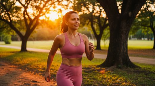Mulher praticando exercício físico ao ar livre representando autocuidado e empoderamento pessoal