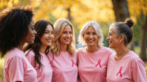 Mulheres brasileiras de diferentes idades celebrando o Outubro Rosa e empoderamento feminino