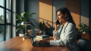 Médico realizando atendimento de telemedicina 24h através de computador e smartphone