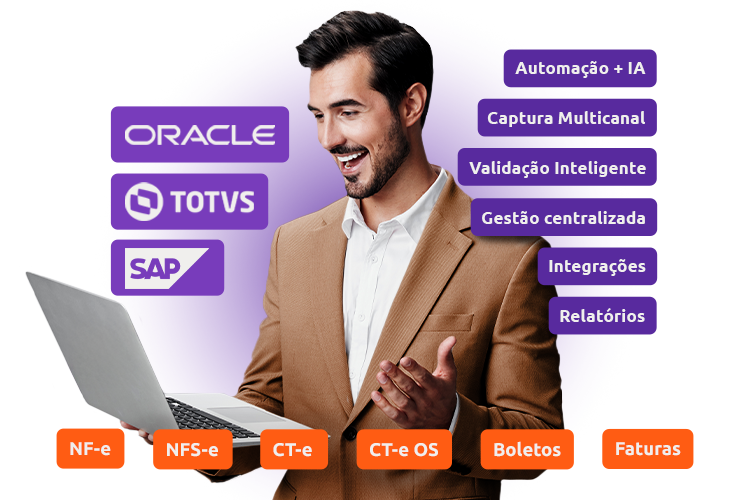 O V360 possui integração nativa com Oracle, Totvs, SAP para evoluir seus processos de pagamentos a fornecedores. Além disso, tem fluxos para os seguintes documentos fiscais: NFS-e, CT-e, CT-e OS, Boletos, Faturas. Além disso, oferece dashboards e análises para visibilidade