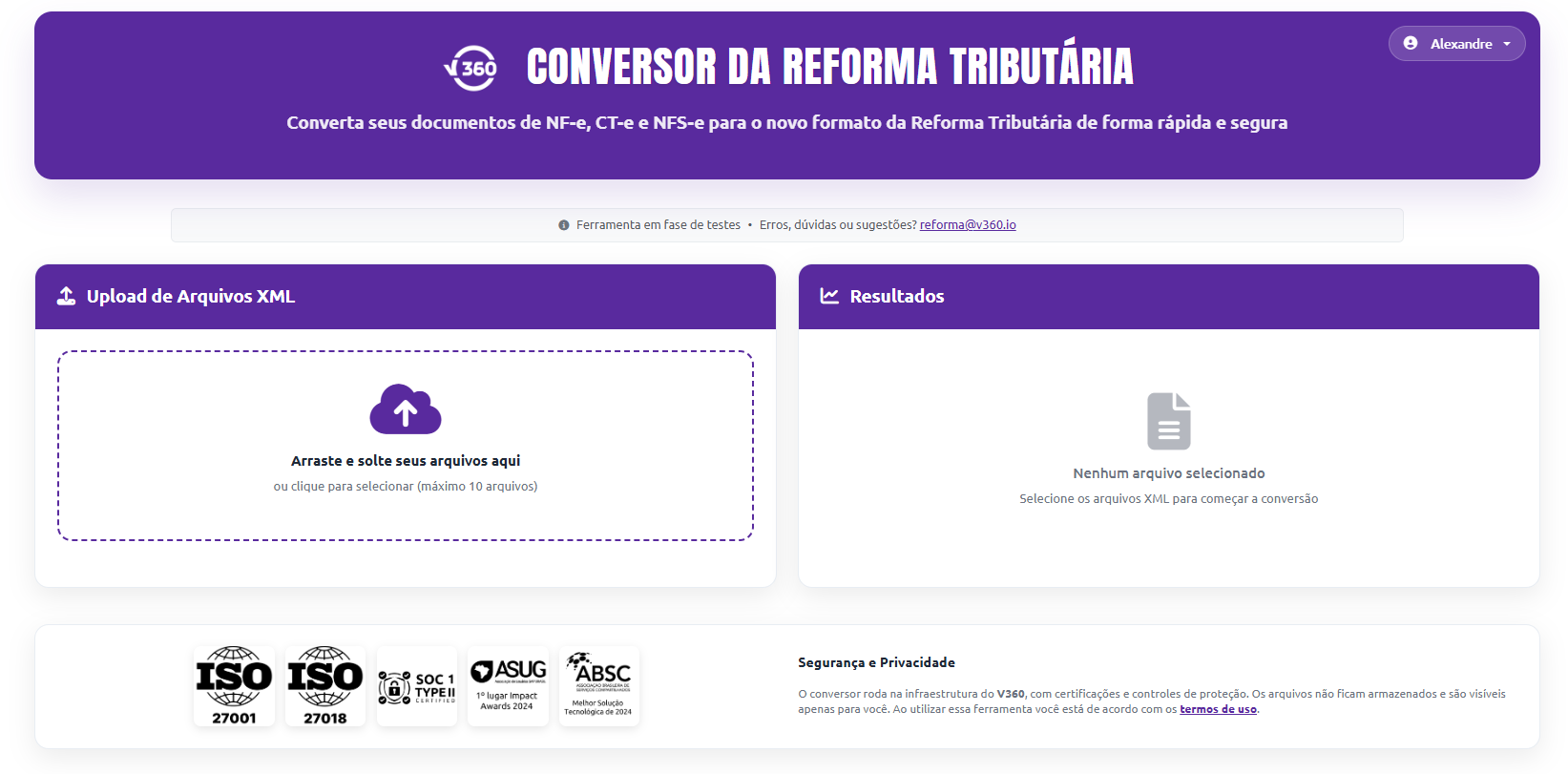 Tela da ferramenta gratuita: o Conversor XML da V360. Converta seus documentos de NF-e, CT-e e NFS-e para o novo formato de forma rápida e segura.