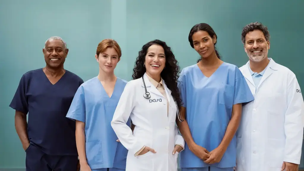 Equipe de médicos e enfermeiras com uniforme da Dasa, case V360: automação fiscal