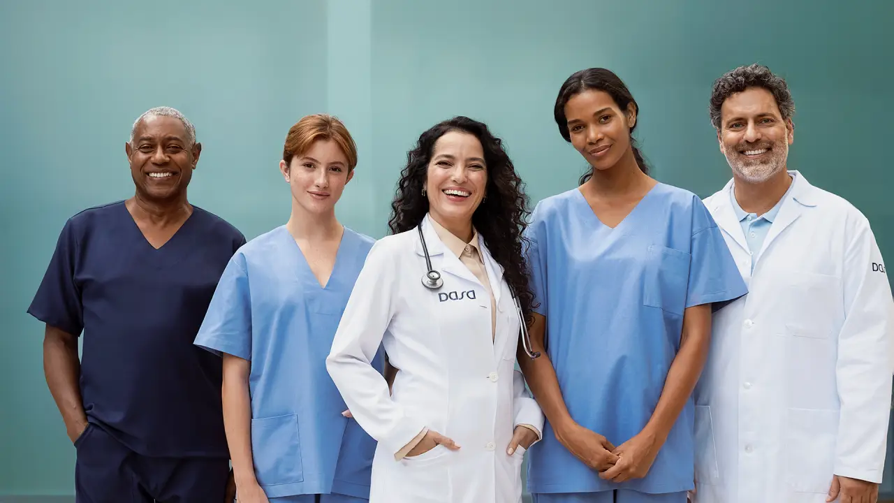 Equipe de médicos e enfermeiras com uniforme da Dasa, case V360: automação fiscal