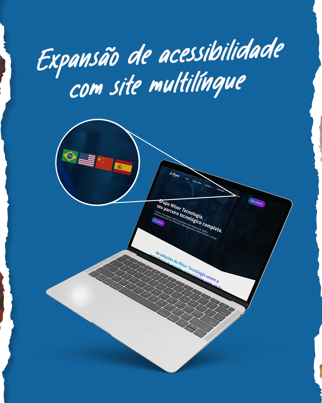 Imagem de um laptop flutuando em um fundo azul, com destaque para o site do Grupo Wiser, indicando o menu de tradução automática com as bandeiras do Brasil, EUA, China e Espanha.