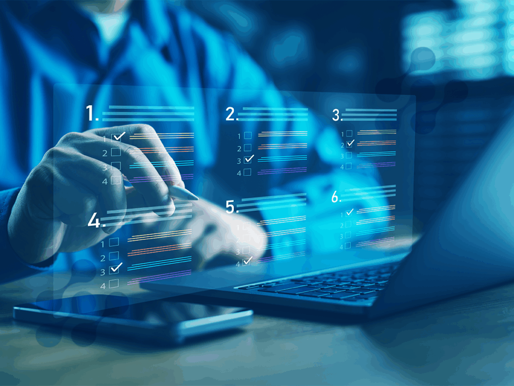 Pessoa interagindo com uma tela digital, representando processos de análise e tomada de decisão online para estruturar um plano de recuperação de desastres.