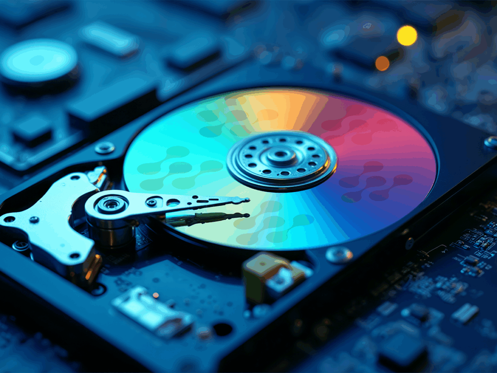 Imagem de um disco rígido de computador com luzes coloridas, mostrando os componentes internos de uma unidade de armazenamento de dados digital e simbolizando a gestão de backup.