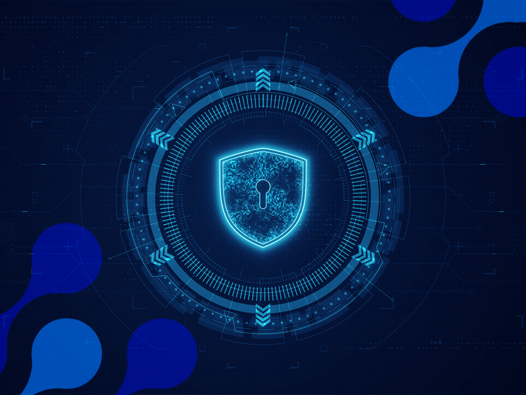 Imagem de um escudo digital com uma fechadura no centro, representando segurança de dados na tecnologia digital e cibersegurança para empresas.