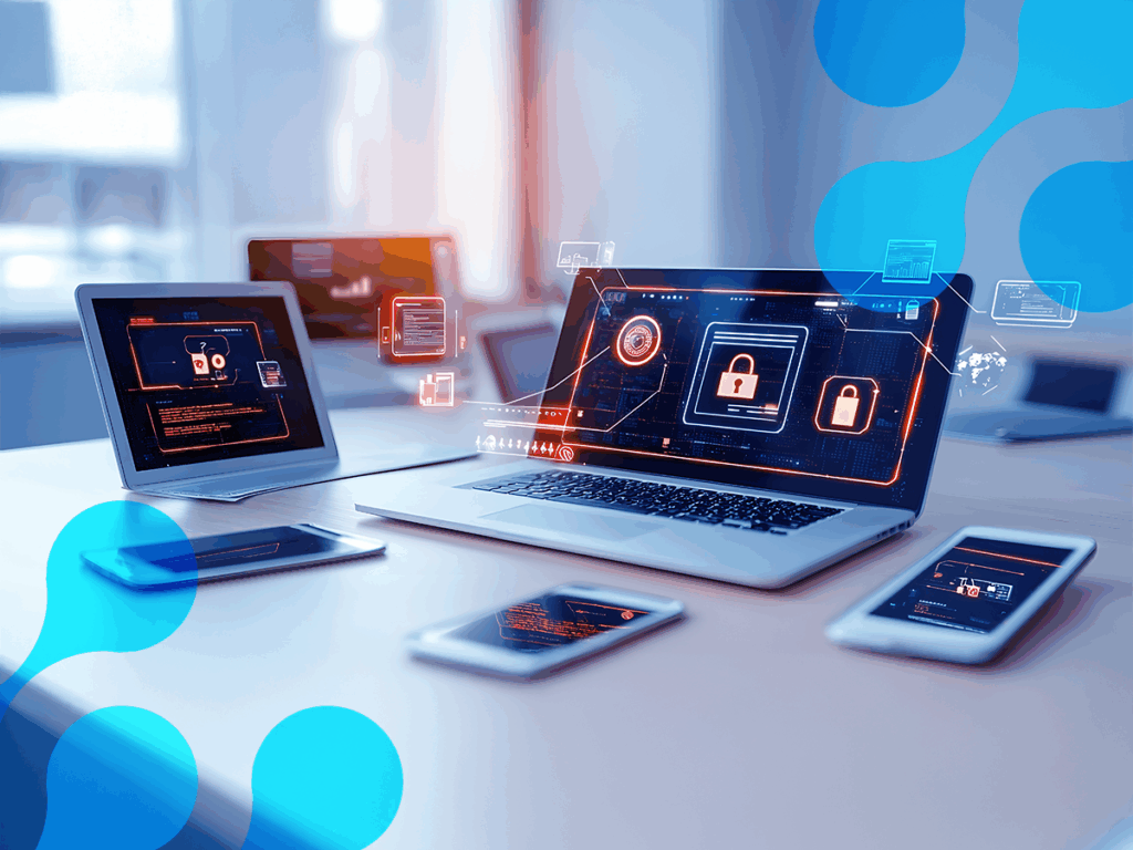 Imagem de dispositivos tecnológicos como laptop, tablet e smartphone em um escritório, com gráficos e candados digitais representando segurança de endpoint e cibersegurança.