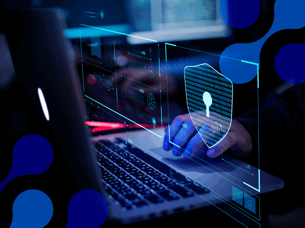 Imagem ilustrativa de gestão de identidade e acessos, com mãos interagindo com hologramas de escudo de segurança digital e tecnologia de proteção de informações.