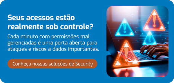 Ilustração de um monitor de computador com alertas de segurança e mãos digitando, simbolizando riscos em acessos de segurança digital.