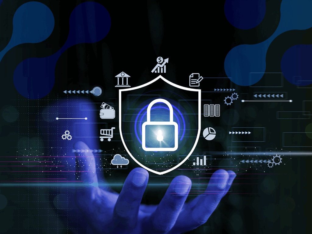 Imagem de um escudo de segurança digital com um cadeado no centro, representando proteção de dados e segurança cibernética. Icones relacionados a tecnologia, finanças e inovação cercam o cadeado, destacando a importância da segurança da informação com o crescimento das ameaças cibernéticas.