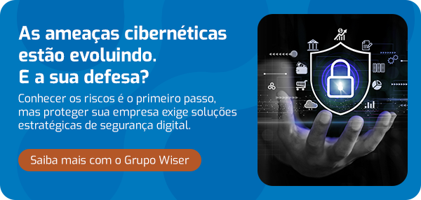 Imagem ilustrativa sobre evolução das ameaças cibernéticas e a importância da segurança digital para proteger empresas. Inclui ícones de cadeado, escudo e tecnologia.
