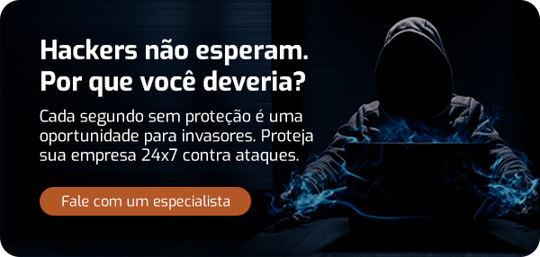 Imagem de um hacker mascarado com fundo escuro, promovendo a proteção contra ataques cibernéticos e segurança empresarial 24x7.