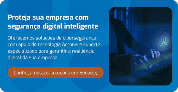 Imagem ilustrativa de segurança digital com uma mão tocando uma tela de computador com símbolo de alerta, promovendo segurança digital inteligente para empresas.