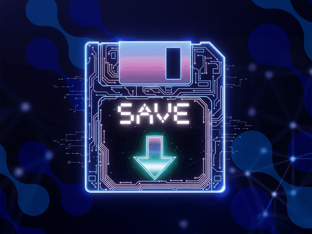 Imagem de uma solução de backup corporativo com um disquete digitalmente ilustrado, destacando a palavra 'SAVE' e uma seta para baixo, simbolizando armazenamento de dados.