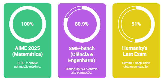 O GPT-5.2 obteve 100% de pontuação no AIME 2025 (Matemática), o Claude Opus 4.5 obteve 80.9% no SME-bench (Ciência e Engenharia) e o Gemini 3 Deep Think alcançou 51% no Humanity's Last Exam, o maior nível de sabedoria sintética já registrado.