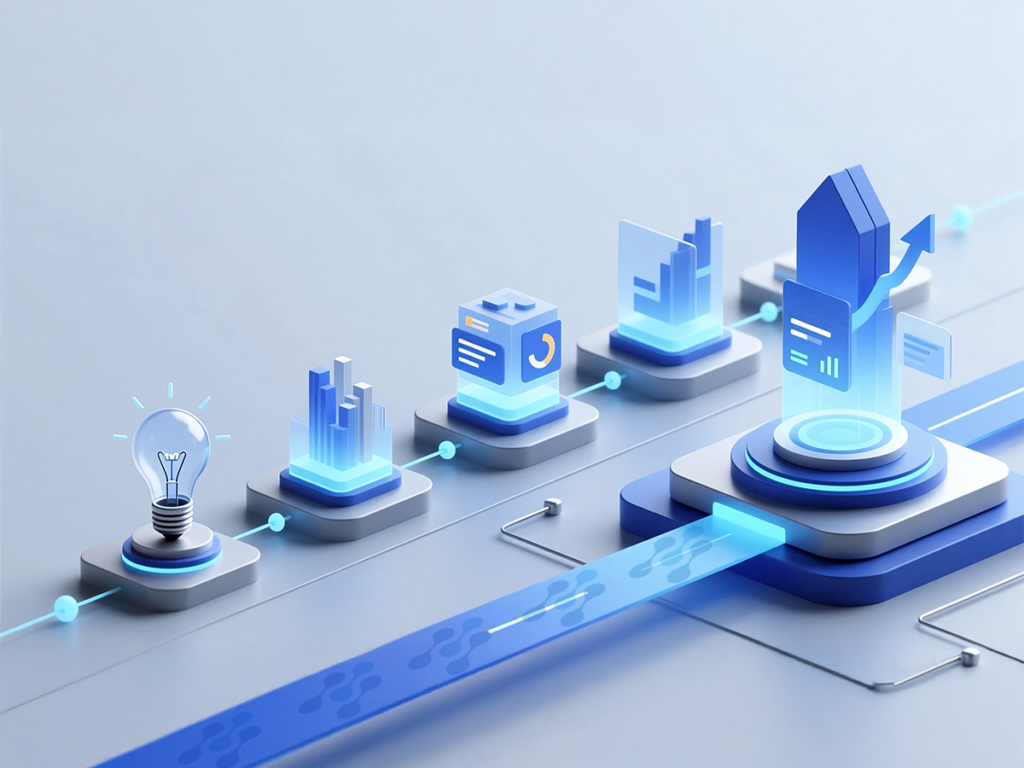 Ilustração de um pipeline de dados com ícones representando etapas do processamento, análise e visualização de informações, ideal para otimizacao de dados.