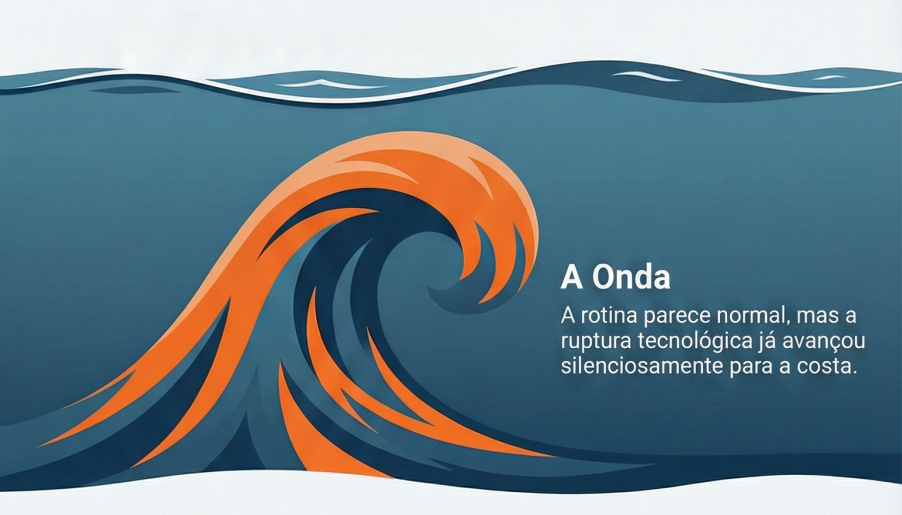 Imagem de onda se formando abaixo do nível da água em tons de azul e laranja. Texto na imagem: A ONDA - a rotina parece normal, mas a ruptura tecnológica já avançou silenciosamente para a costa.