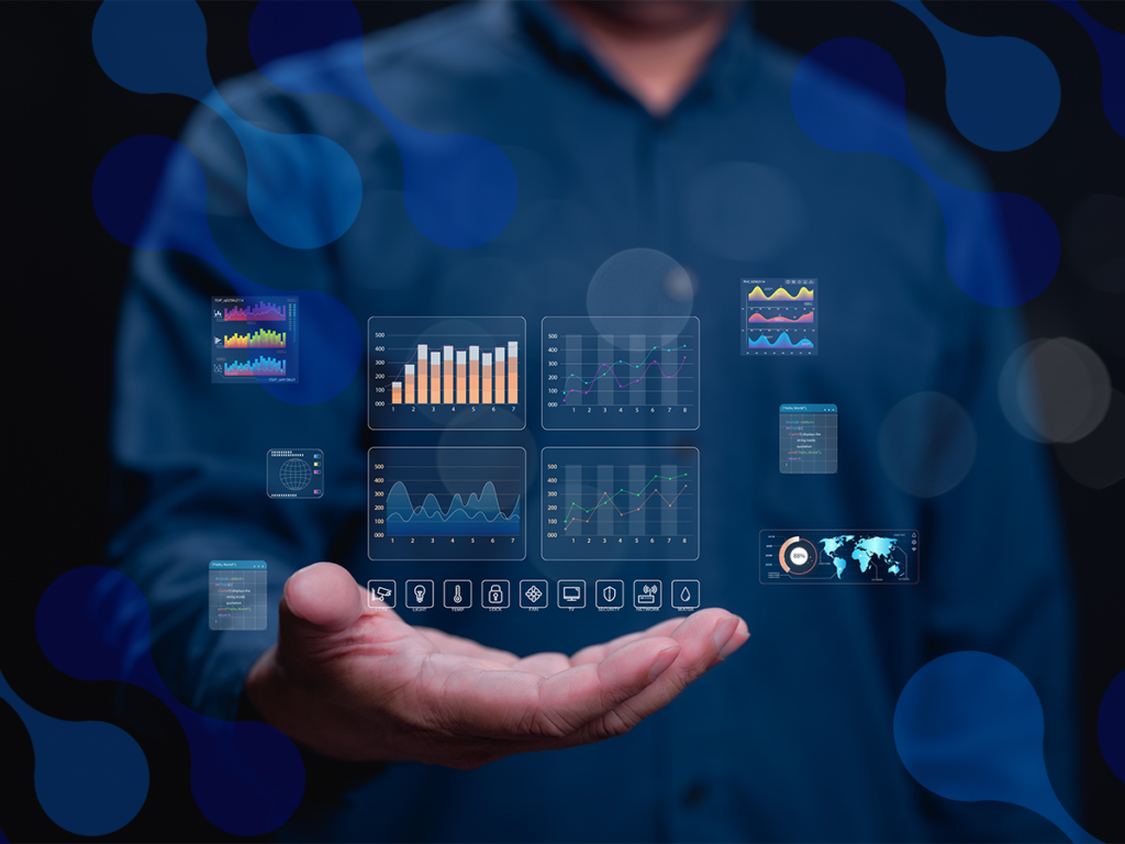 Imagem de uma pessoa segurando uma projeção digital de gráficos e dados, representando empresas data-driven e inteligência de negócios avançada