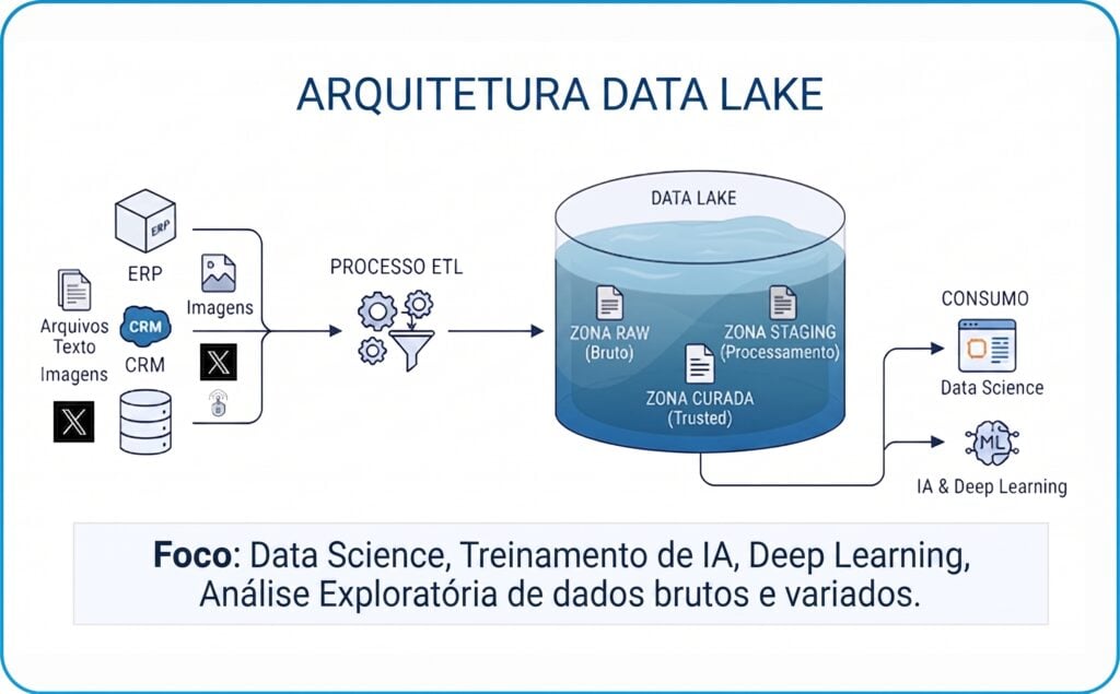 Esquema de infográfico horizontal mostrando o fluxo de funcionamento de um Data Lake, desde os seus inputs até as finalidades que alimenta.