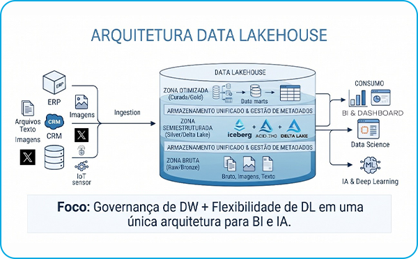 Esquema de infográfico horizontal representando todas as camadas do funcionamento de um Data Lakehouse.
