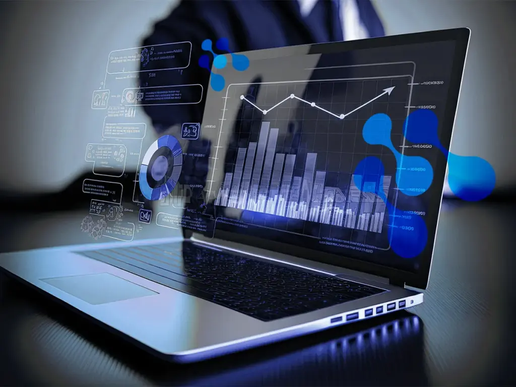 Laptop exibindo gráficos e indicadores de desempenho em uma interface de dados, com ícones holográficos e análises ao estilo de self-service bi