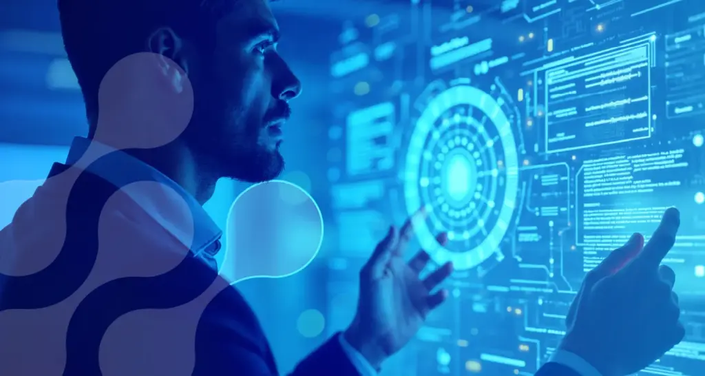 ia local em um ambiente de tecnologia: homem em perfil aponta para telas com códigos e interface de dados, enquanto um sistema de segurança com ícone de cadeado aparece ao fundo, em azul