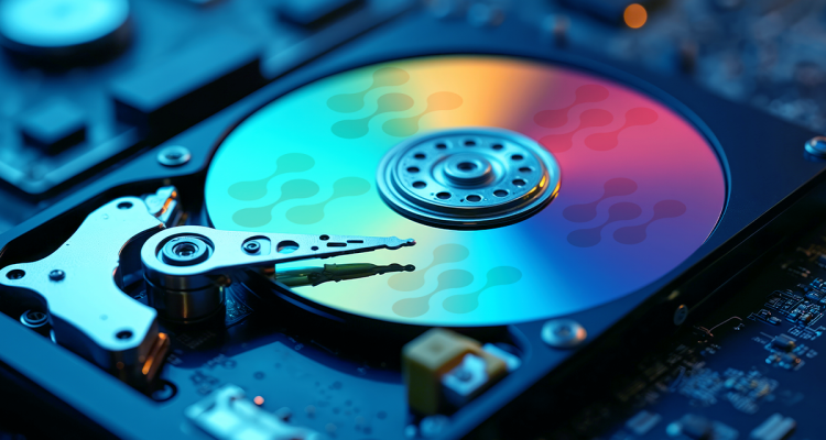 Imagem de um disco rígido de computador com luzes coloridas, mostrando os componentes internos de uma unidade de armazenamento de dados digital e simbolizando a gestão de backup.