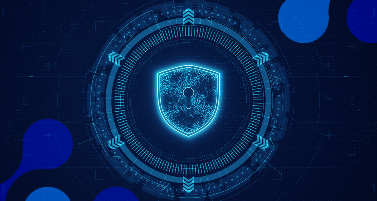 Imagem de um escudo digital com uma fechadura no centro, representando segurança de dados na tecnologia digital e cibersegurança para empresas.