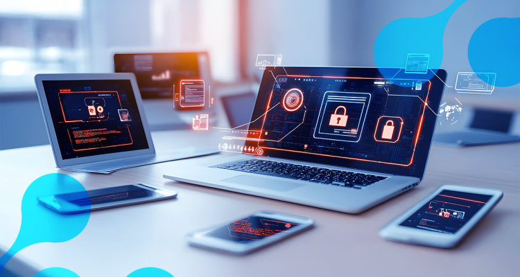 Imagem de dispositivos tecnológicos como laptop, tablet e smartphone em um escritório, com gráficos e candados digitais representando segurança de endpoint e cibersegurança.