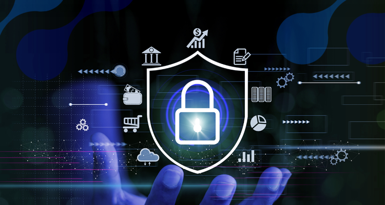 Imagem de um escudo de segurança digital com um cadeado no centro, representando proteção de dados e segurança cibernética. Icones relacionados a tecnologia, finanças e inovação cercam o cadeado, destacando a importância da segurança da informação com o crescimento das ameaças cibernéticas.