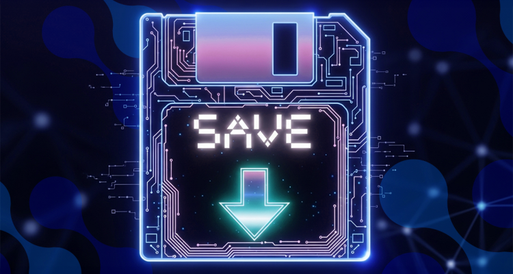 Imagem de uma solução de backup corporativo com um disquete digitalmente ilustrado, destacando a palavra 'SAVE' e uma seta para baixo, simbolizando armazenamento de dados.
