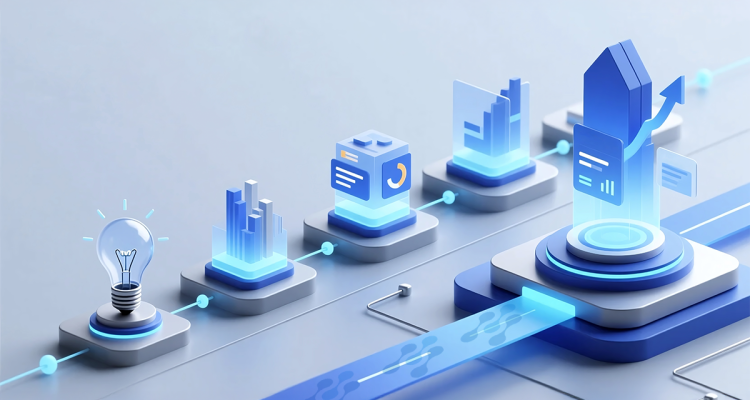 Ilustração de um pipeline de dados com ícones representando etapas do processamento, análise e visualização de informações, ideal para otimizacao de dados.