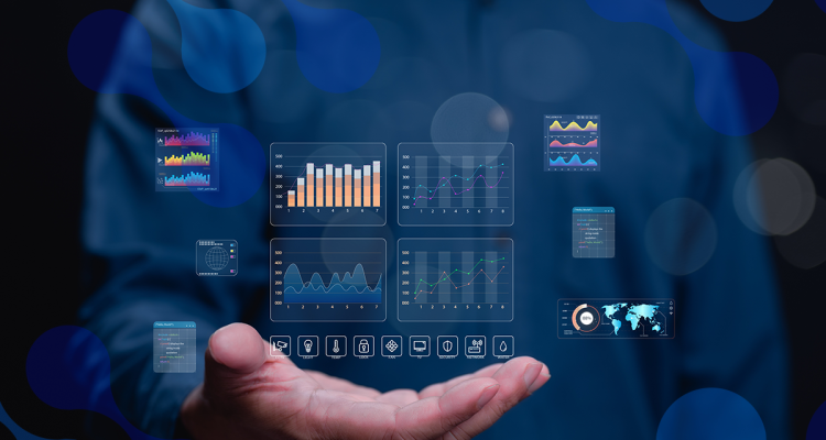 Imagem de uma pessoa segurando uma projeção digital de gráficos e dados, representando empresas data-driven e inteligência de negócios avançada