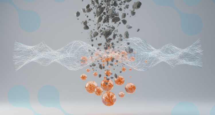 Representação digital de um firewall de rede, mostrando partículas e uma linha de proteção estilizada que simboliza a barreira contra ameaças cibernéticas.